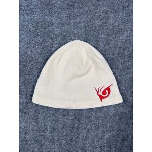 The North Face Beanie Hat Unisex OSFM Cream Red Embroidered Logo Fleece Lined